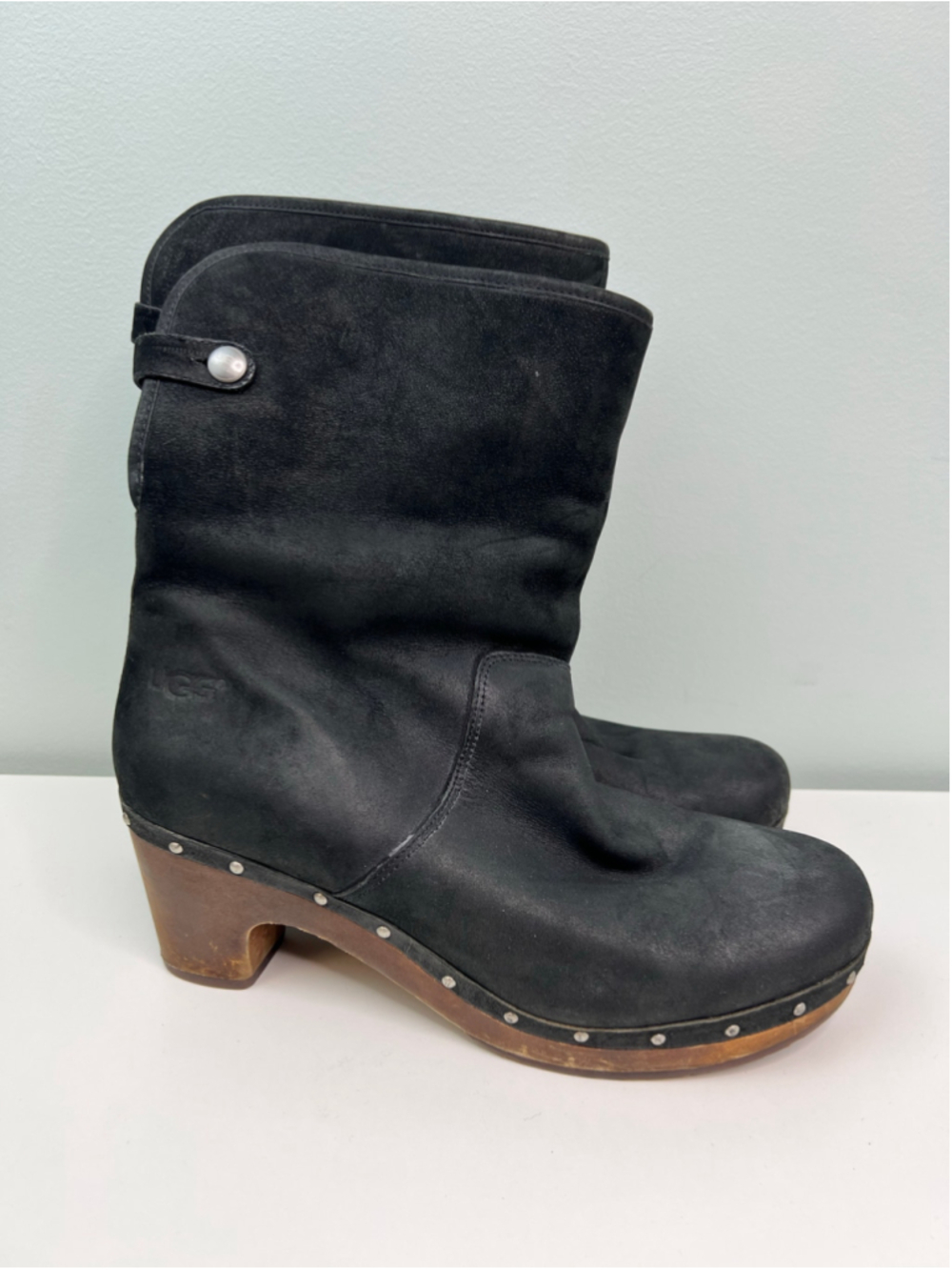 UGG Black Suede Leather Clog Ankle Boots Womens Size 10 Heels Mouton Studs Fur